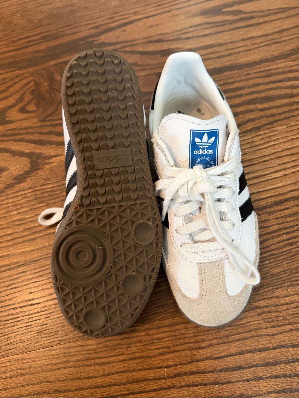 adidas White and Black Samba Sneakers with Blue Tongue Logo